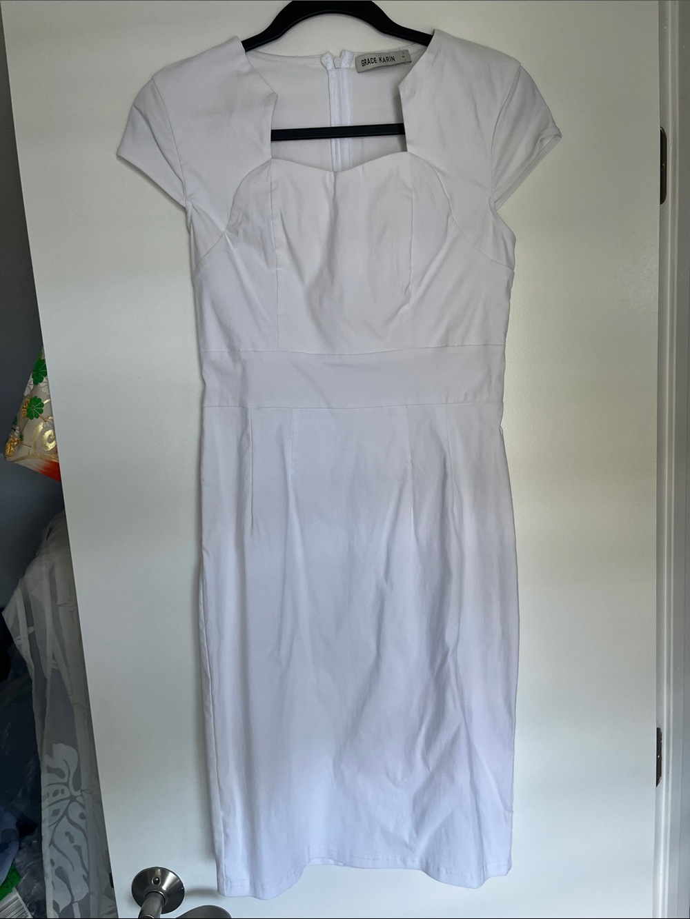 Grace Karin White Cap-Sleeve Midi Sheath Dress